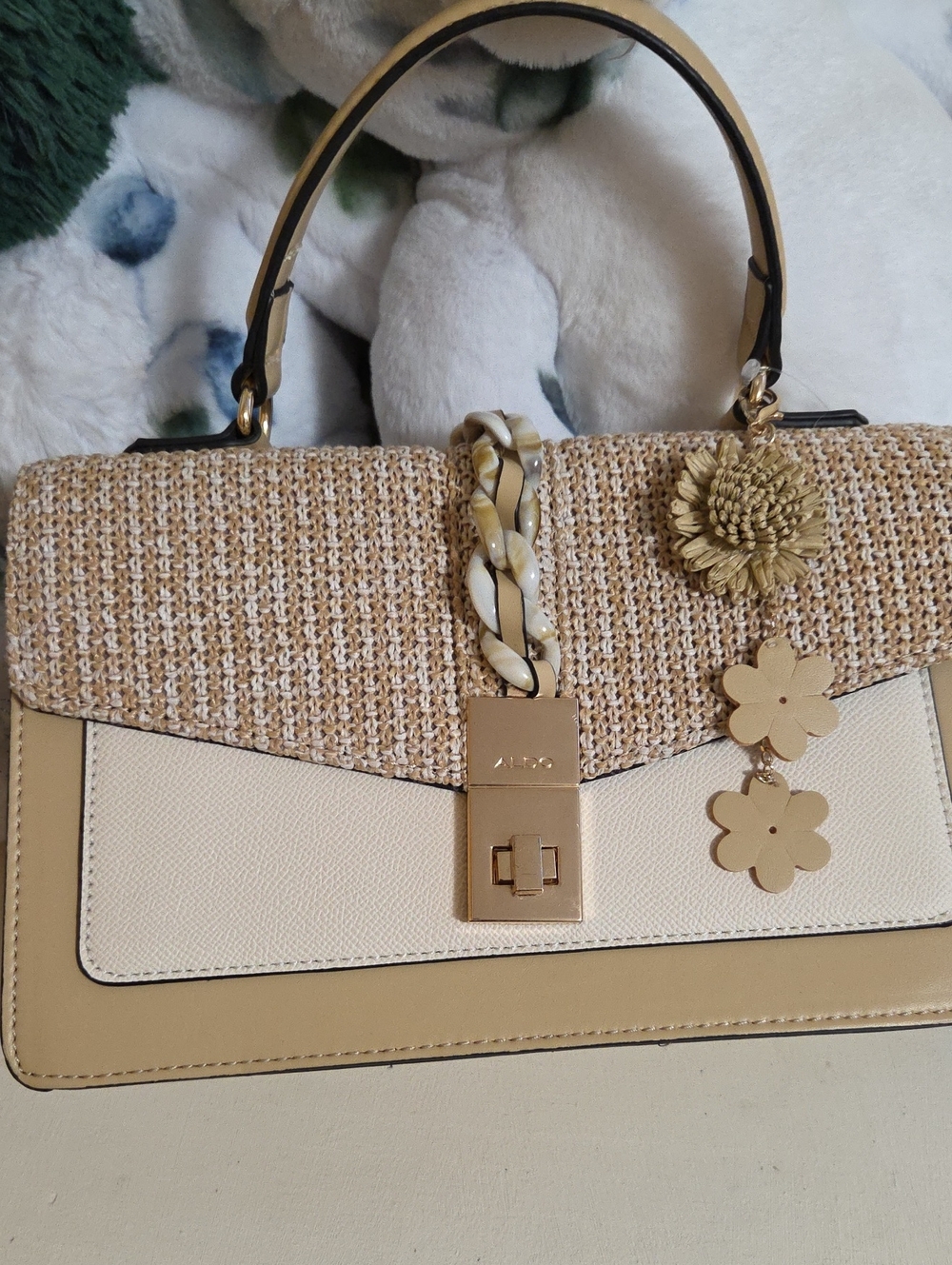 NWOT ALDO Beige & Cream Woven Top-Handle Satchel with Floral Charm